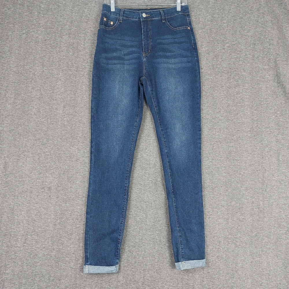 SHEIN WOMENS BLUE JEAN MEDIUM WASH SKINNY LEG CUFFED DENIM PANTS SIZE LARGE TALL